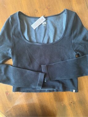 lunya Black Ribbed Long Sleeve Scoop Crop Top